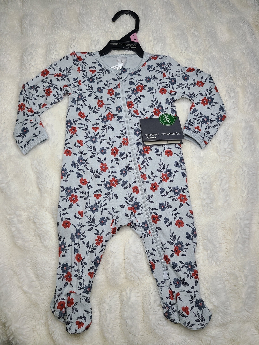 Modern Moments Baby Floral Zip Footed One-Piece in Light Gray with Red Flowers